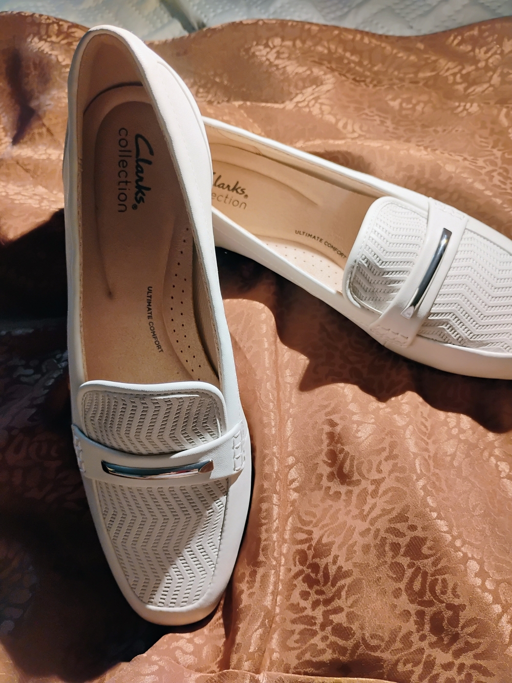 Clarks White Textured Slip-On Loafer with Silver Bar